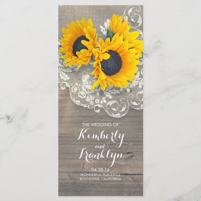 Sunflowers Rustic Wood Lace Wedding Programs (Front)