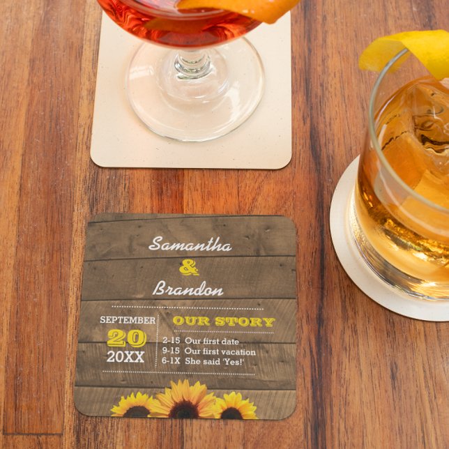 Sunflowers & Rustic Wood Personalized Wedding Square Paper Coaster (Creator Uploaded)