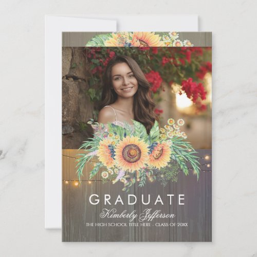 Sunflowers Rustic Wood Photo Graduation Invitation