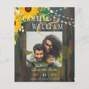 Sunflowers Rustic Wood PHOTO Wedding Save the Date Flyer
