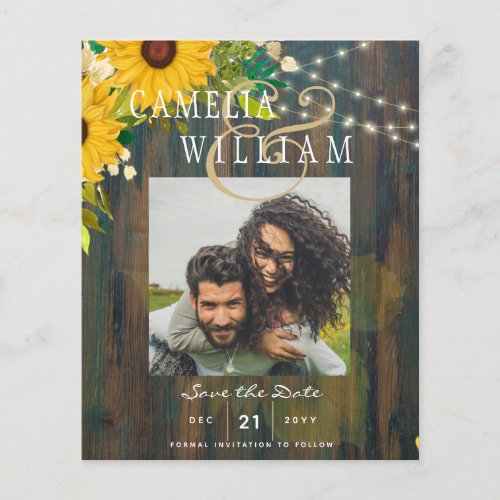 Sunflowers Rustic Wood PHOTO Wedding Save the Date Flyer