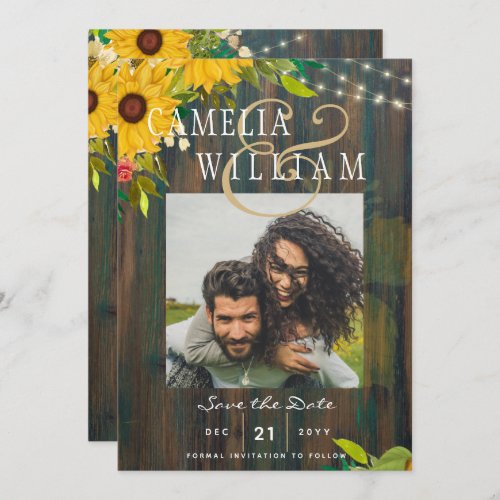 Sunflowers Rustic Wood PHOTO Wedding Save the Date Invitation