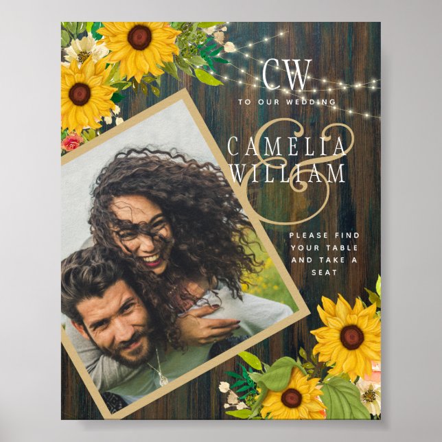 Sunflowers Rustic Wood PHOTO Wedding Save the Date Poster (Front)