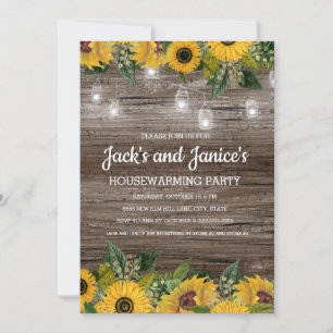 Sunflowers Rustic Wood String Lights Housewarming Invitation