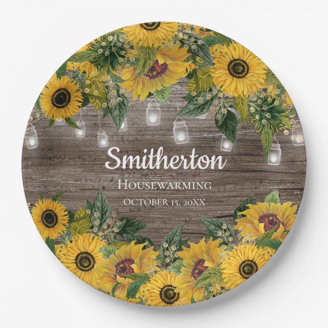 Sunflowers Rustic Wood String Lights Housewarming  Paper Plates (Front)