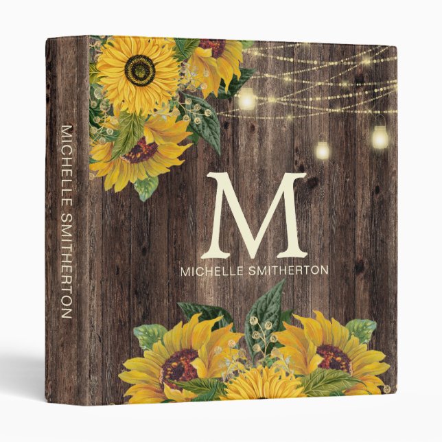 Sunflowers Rustic Wood String Lights Monogram  3 Ring Binder (Front/Spine)