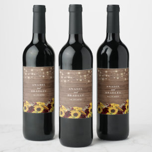 Sunflowers Rustic Wood String Lights Wedding Wine Label