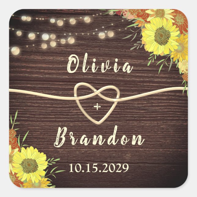 Sunflowers Rustic Wood Wedding Favor Square Sticker (Front)