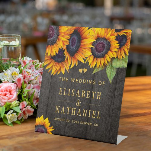 Sunflowers rustic wood wedding gold welcome sign