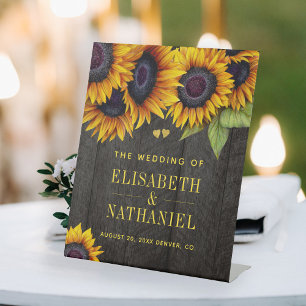 Sunflowers rustic wood wedding gold welcome sign