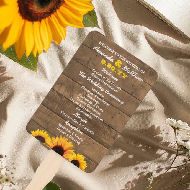 Sunflowers & Rustic Wood Wedding Program Hand Fans (Creator Uploaded)