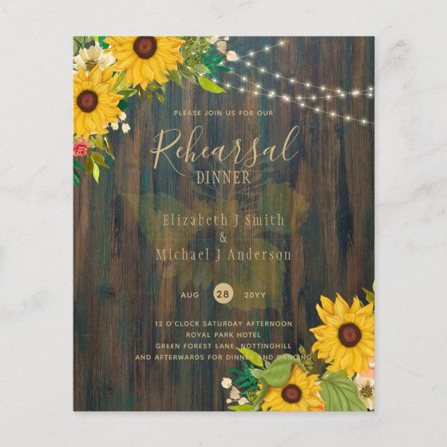 Sunflowers Rustic Wood Wedding REHEARSAL DINNER Flyer (Front)