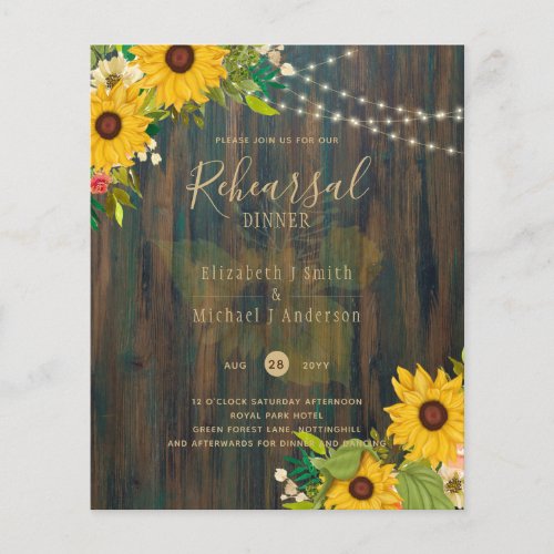 Sunflowers Rustic Wood Wedding REHEARSAL DINNER Flyer