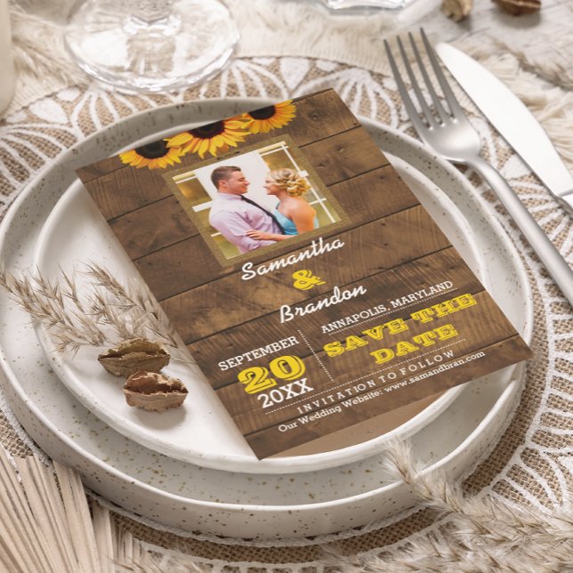 Sunflowers & Rustic Wood Wedding Save the Date Announcement Postcard (Creator Uploaded)