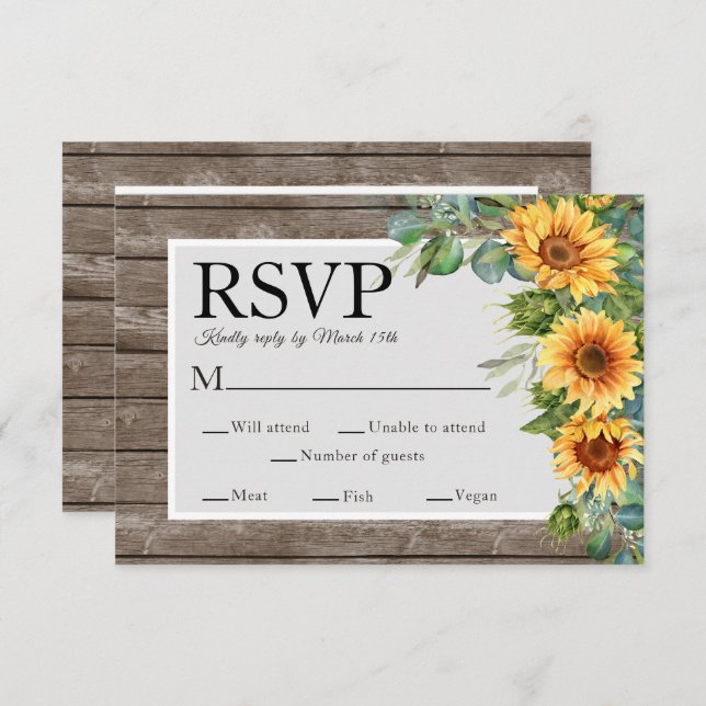Sunflowers Rustic Wood Wedding Website QR Code RSV RSVP Card (Front/Back)