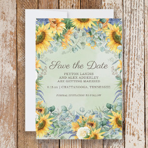 Sunflowers Sage Green Eucalyptus Leaves Wedding Save The Date