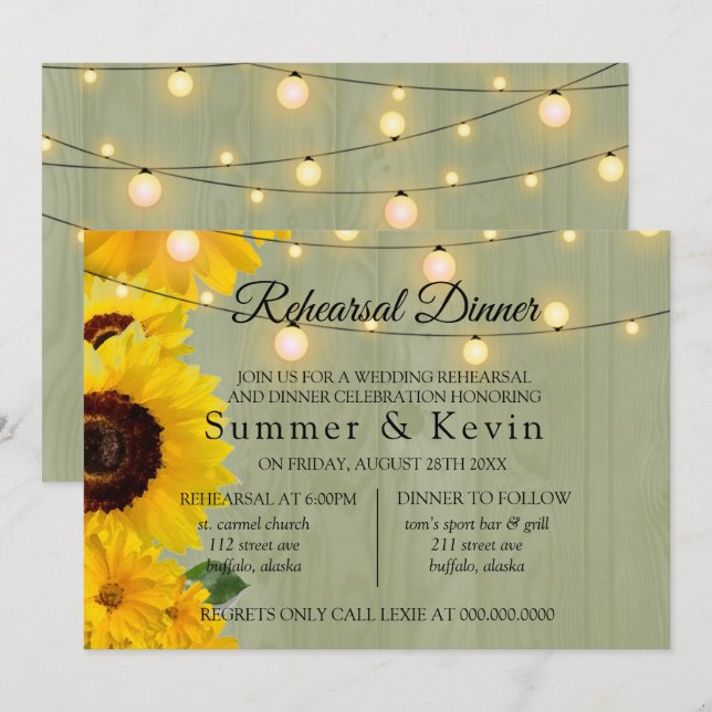 Sunflowers Sage Wood Lights Rehearsal Dinner Invitation (Front/Back)