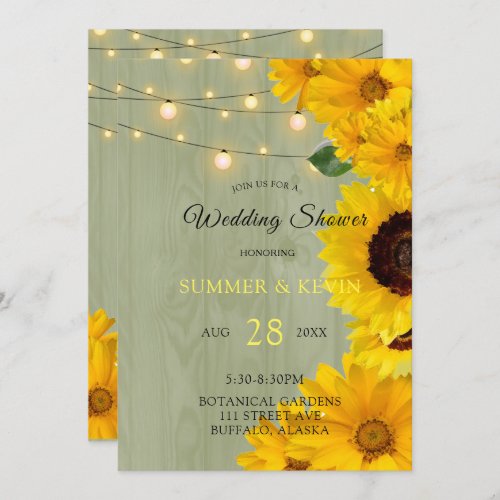 Sunflowers Sage Wood Lights Wedding Shower Invitation