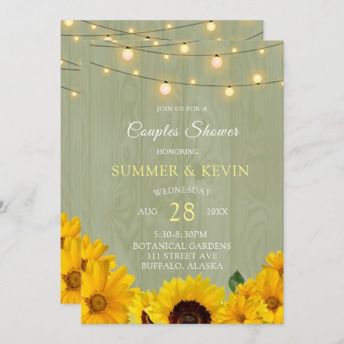 Sunflowers Sage Wood String Lights Couples Shower Invitation