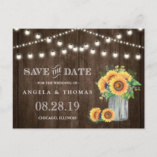 Sunflowers Save the Date Rustic Wood String Lights Announcement Postcard