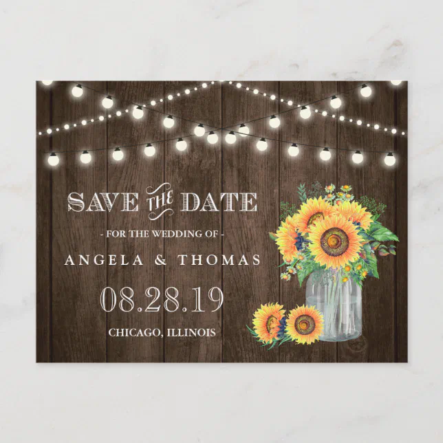 Sunflowers Save The Date Rustic Wood String Lights Announcement