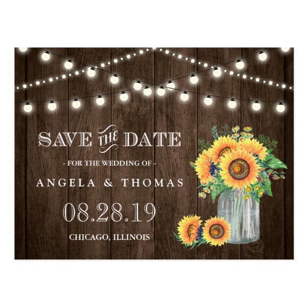 Sunflowers Save The Date Rustic Wood String Lights Postcard