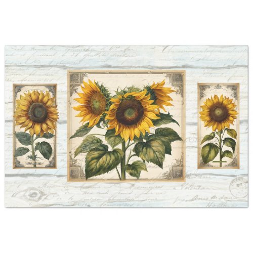 Sunflowers Script Ephemera Rustic Wood Decoupage Tissue Paper