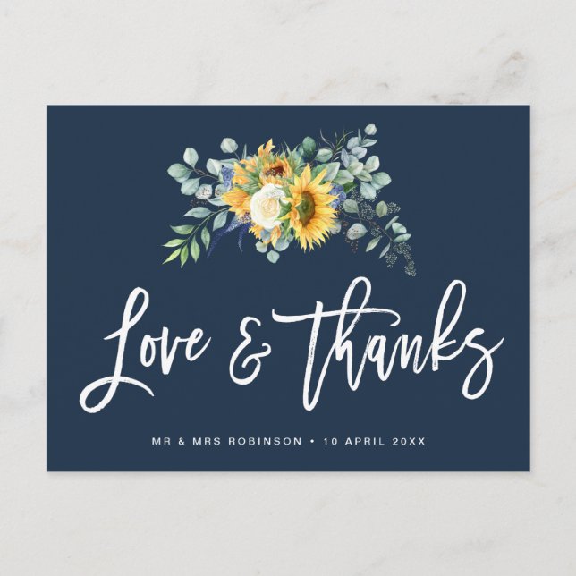 sunflowers script navy blue wedding thank you card (Front)