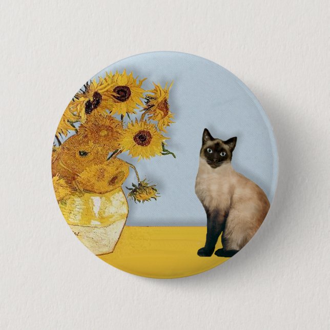 Sunflowers - Seal Point Siamese cat Pinback Button (Front)
