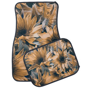 Sunflowers seamless pattern. Autumn watercolor bac Car Floor Mat