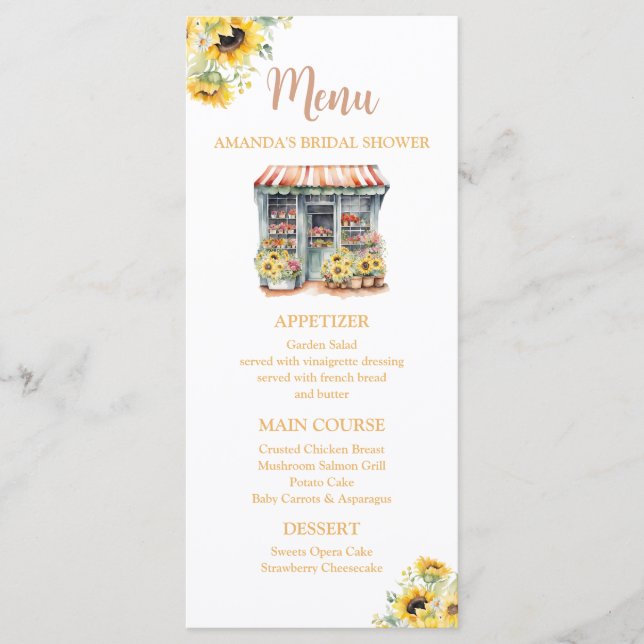 Sunflowers She's Off The Market Bridal Shower Menu (Front)