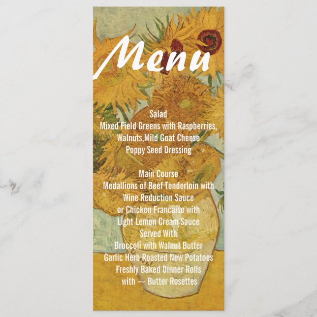 Sunflowers Skinny Wedding Table Menu (Front)