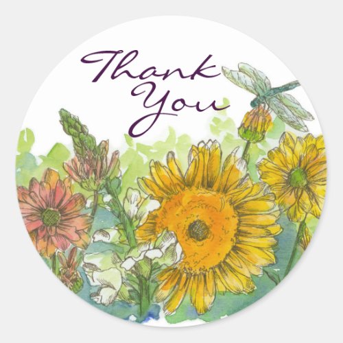 Sunflowers Snapdragon Flowers Dragonfly Thank You Classic Round Sticker