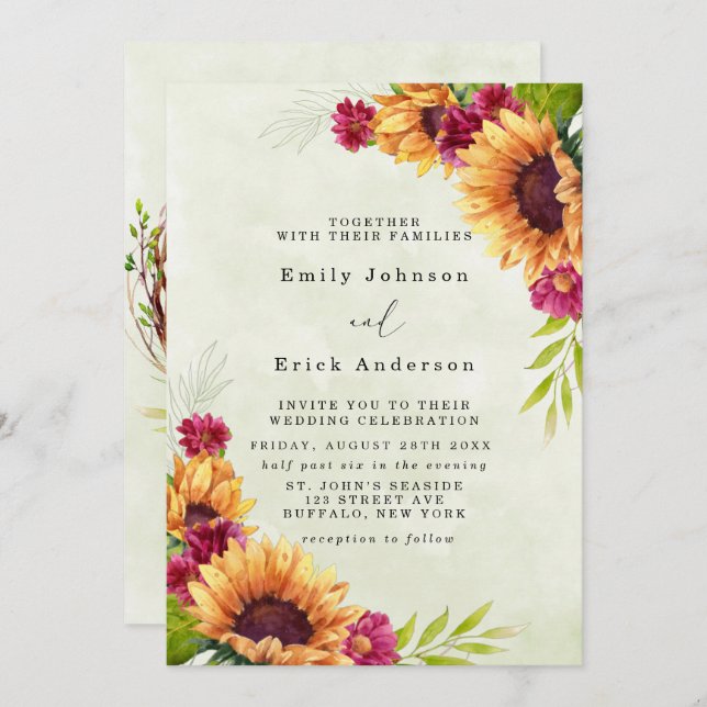 Sunflowers Spring Pink Floral Rustic Wedding Invitation (Front/Back)