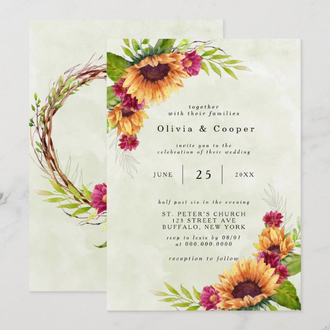 Sunflowers Spring Pink Floral Wedding Invitation (Front/Back)