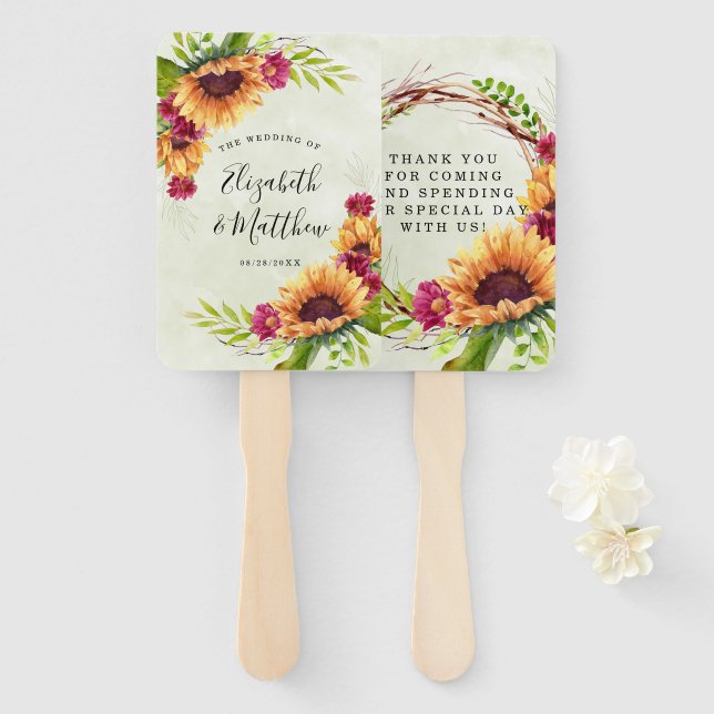 Sunflowers Spring Pink Floral Wedding Thank You Hand Fan (Front and Back)