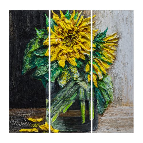Sunflowers Still Life Acrylic Painting Triptych
