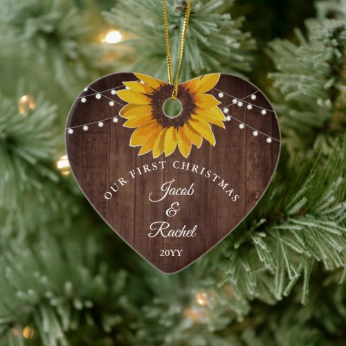 Sunflowers String Light Rustic Our First Christmas Ceramic Ornament