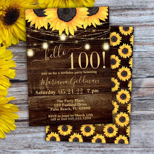 Sunflowers String Lights 100th Birthday Party Invi Invitation