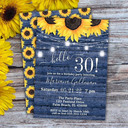Sunflowers String Lights 30th Navy Birthday Party Invitation