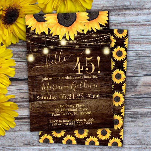 Sunflowers String Lights 45th Birthday Party Invit Invitation