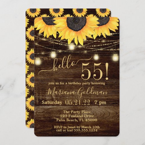 Sunflowers String Lights 55th Birthday Party Invit Invitation