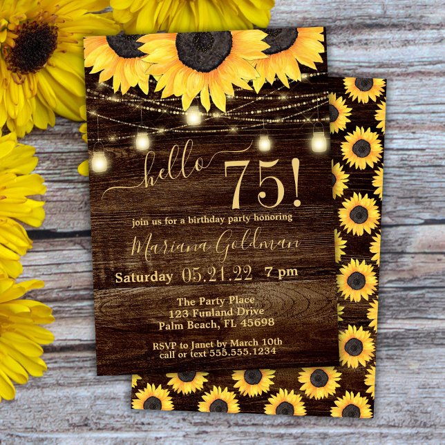 Sunflowers String Lights 75th Birthday Party Invit Invitation (Creator Uploaded)