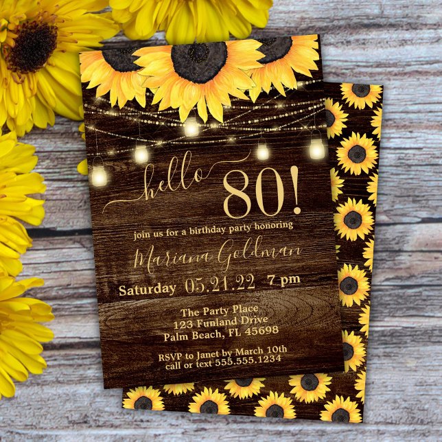 Sunflowers String Lights 80th Birthday Party Invit Invitation (Creator Uploaded)