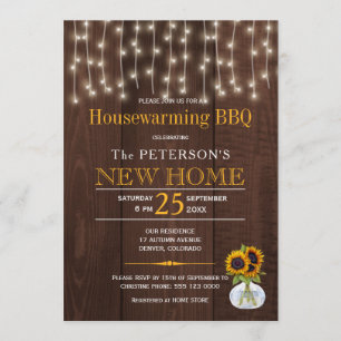 Sunflowers string lights autumn housewarming bbq invitation