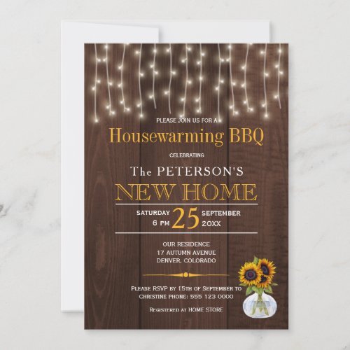 Sunflowers string lights autumn housewarming bbq invitation