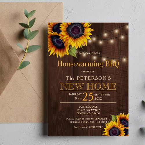 Sunflowers string lights autumn housewarming bbq invitation
