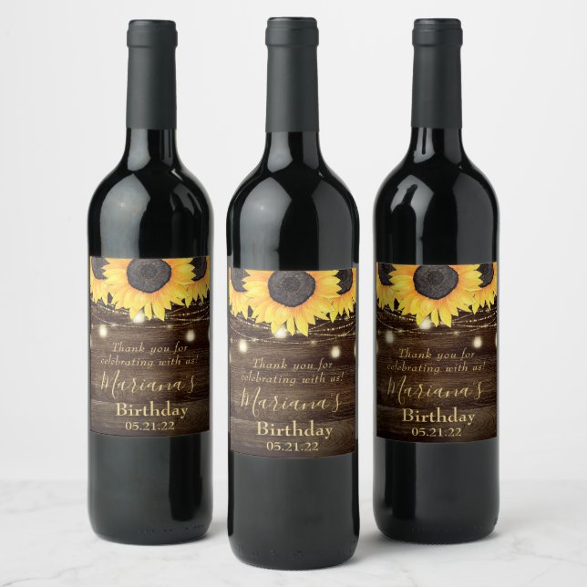 Sunflowers String Lights Birthday Party Favors Win Wine Label (Bottles)