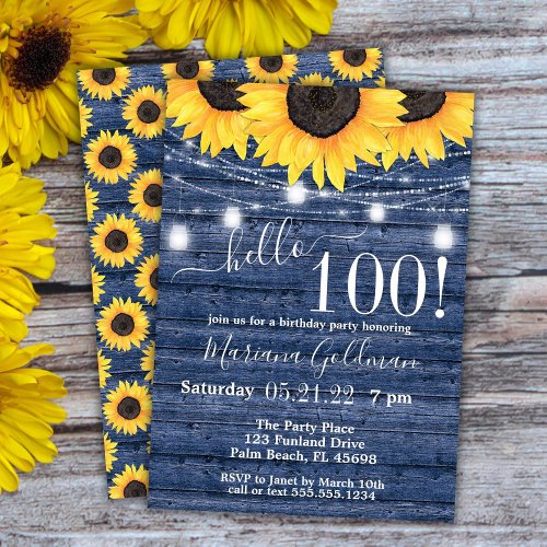 Sunflowers String Lights Blue 100th Birthday Party Invitation