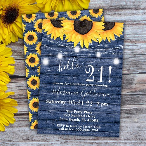 Sunflowers String Lights Blue 21st Birthday Party Invitation